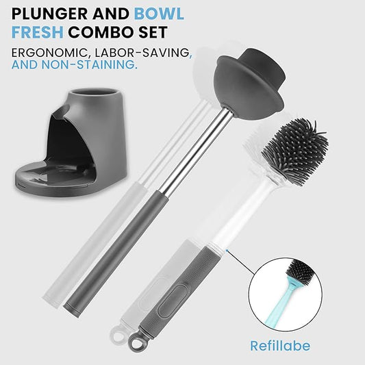 Toilet Brush & Plunger Set - Toilet Bowl Brush and Holder, Refillable Liquid Dispenser Brush - 2 in 1 Silicone Toilet Brush & Plunger Set for Bathroom