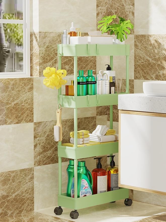 LEHOM 5.1" Slim Storage Cart - 4 Tiers Bathroom Organizer Rolling Utility | Mobile Shelving Unit Storage Rolling Utility Cart Slide Out Organizer for Kitchen Bathroom Laundry Narrow Places, Green