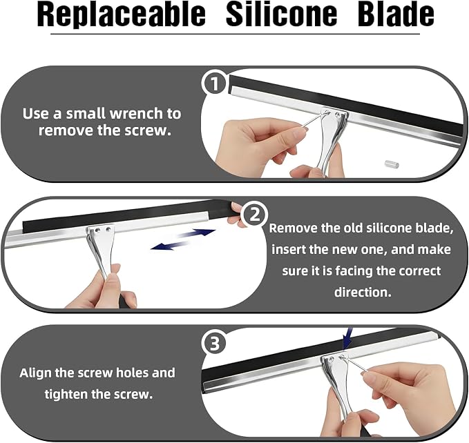 Shower Squeegee for Glass Door 12-Inch Stainless Steel Bathroom Squeegee Window Wiper, Includes Shower Door Hook, Adhesive Hook, and Spare Silicone Blade for Window Mirror Car All-Purpose Squeegee