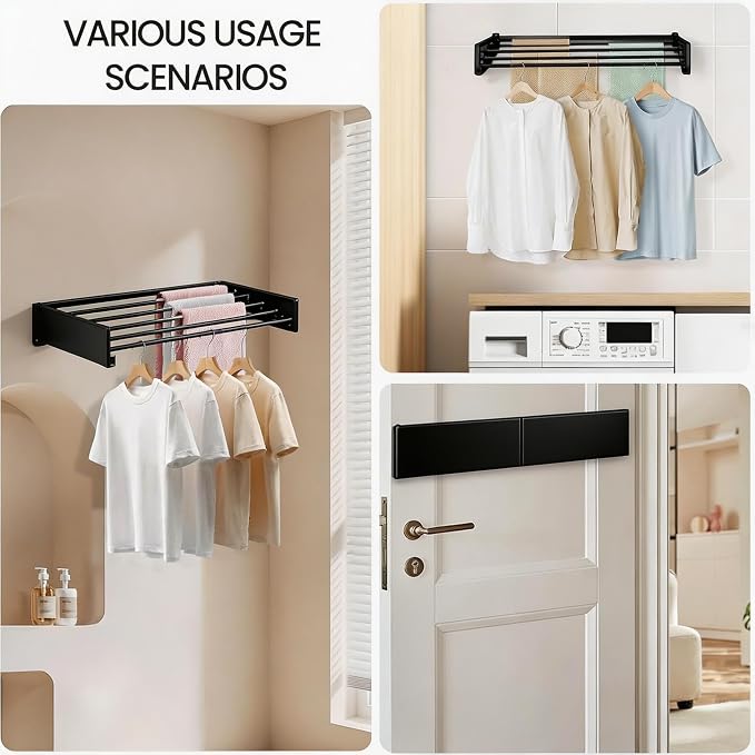 Wall Mounted Laundry Drying Rack, Carbon Steel Foldable & Retractable Clothes Drying Rack, Space Saving Adjustable Towel Holder for Bathroom, Laundry, Small Spaces (1, Black, 50cm)