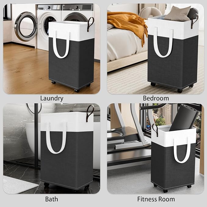 HomeHacks 90L Rolling Laundry Basket with 4 Wheels Collapsible Gray | 4 Wheels, Waterproof PEVA Lining, Cotton Flax Fabric, Metal Frame, Bathroom Laundry Room Dorm Storage, Space-Saving Design