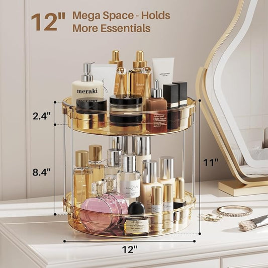 LAMU 2 Pack 2 Tier Lazy Susan Turntable Organizer 12'' Rotating Spice Rack Organization for Cabinet, Kitchen, Pantry, Countertop, Bathroom, Vanity, Medicine Cabinet Organizer, Amber