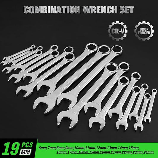 19-Piece Metric Combination Wrench Set, 6-24mm Standard Spanner Wrench Set, Mechanic Tool Sets with Rolling Pouch, Open End Wrenches for Household, Garage, Workshop, Auto Repairs