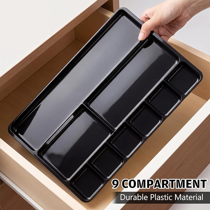 Junkin 4 Pcs Shallow Drawer Organizers 14" x 9" x 1" Desk Drawer Organizer Tray with 9 Storage Compartments for Home Office Classroom School Organizing Pens Paper Clips Sticky Notes (Black)
