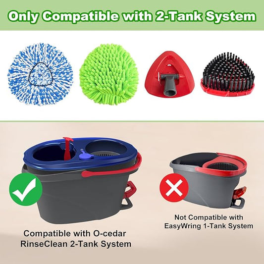 Mop Heads Replacements for Ocedar Easywring RinseClean 2 Tank Spin Mop Replace Heads for O Cedar 2 Tank Spin Mopping Sets Including 4 Pack Refills, 1 Pack Scrub Brush and 1 Base for All Floors Clean