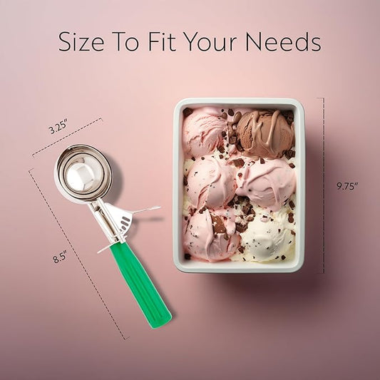 Restaurantware Met Lux 3.25 Ounce Portion Scoop 1 Trigger Release Cookie Scoop - With Green Handle Stainless Steel Disher For Portion Control Scoop Cookie Dough Cupcake Batter Or Ice Cream