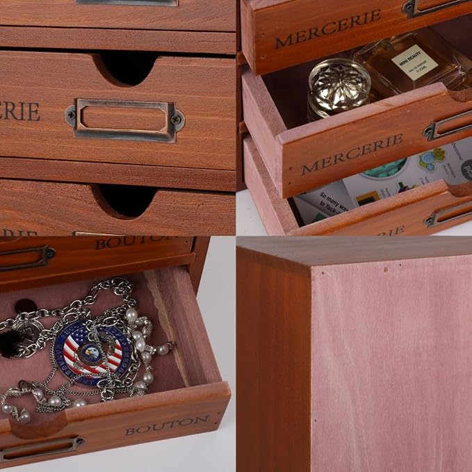 Wooden Storage Box with 5 Drawers Apothecary Drawers Vintage Wooden Drawers Wood Desktop Organizer with Drawers Countertop Drawers Library Card Catalog Cabinet Apothecary Cabinet (BROWN)