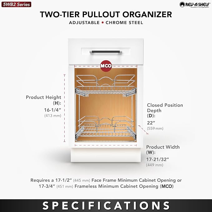 Rev-A-Shelf Pullout Organizer for Cabinets, Min Opening Width of 18" | STwo-Tier Steel Shelf for Kitchen or Vanity Cabinet Organization, Heavy Gauge Wire Slide Out Storage Basket, 5WB2-1822CR-1