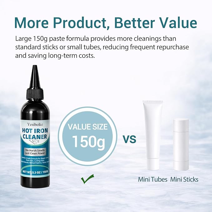 150g No Smoke Iron Cleaner, Cold Use Soleplate Cleaner Paste for Steam Irons, Removes Starch, Melted Fabric & Glue, Safe for Flat & Curling Irons, with Microfiber Cloth
