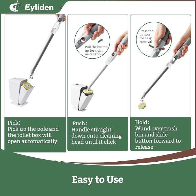 Eyliden Disposable Toilet Brush with Holder, 40-Refill Touch-Free Wand Kit | Pre-Soaked Concentrated Cleaner Sponge, Auto-open Caddy, 19.5" Aluminum Handle, 42 Set Toilet Bowl Cleaing, for Bathroom/RV
