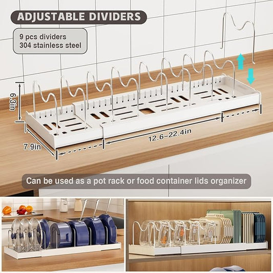 Magheo 2 Pack Expandable Food Storage Container Lid Organizers, 22" Pots and Pans Organizer Under Cabinet with 9 Adjustable Dividers Pot and Pan Lid Holders Rack Inside Cabinet(White)