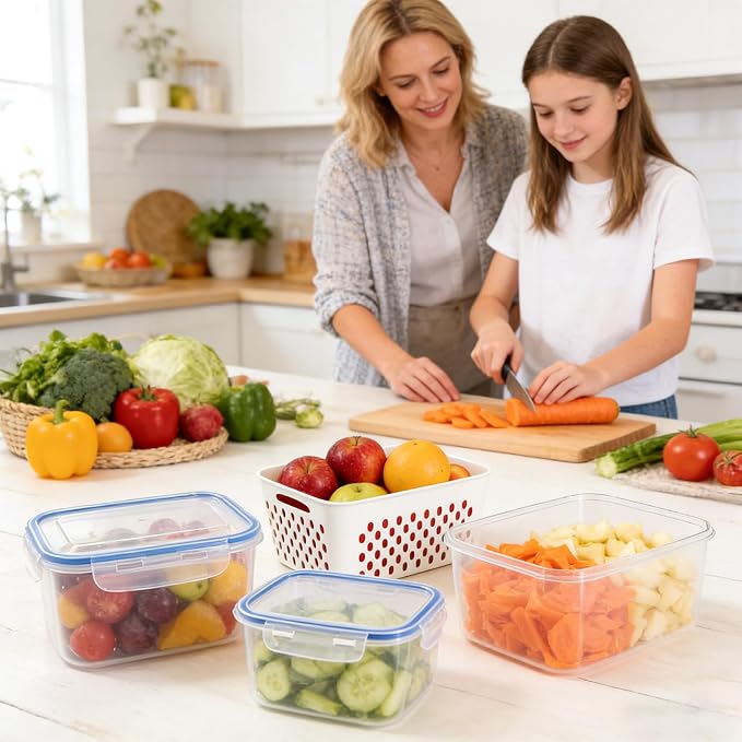 3PC 4 in 1 Food Storage Containers for Fridge with Lid,Produce Keeper with Removable Colander & Drain Basket,Airtight Leakproof Fruit Vegetable Storage Containers Transparent Kitchen Organize(S+M+L)