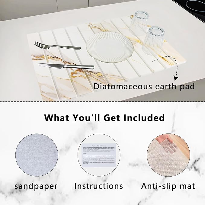 Large Stone Drying Mat for Kitchen Counter Diatomaceous Earth Collapsible 24”(L)*16”(W)Super Heat Resistant Mats, Quick Absorbent Dish Drying Rack(Gold marble)
