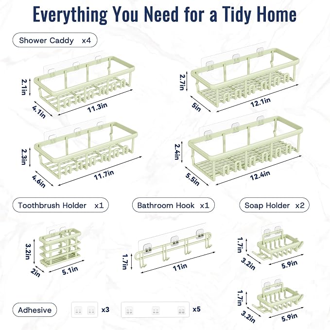 8 Pack Adhesive Rustproof Shower Caddy with Soap Dishes, Toothbrush Holder & Hooks, Large Capacity No-Drilling Shower Shelves Rack for Bathroom Organizers and Storage Accessories, Green