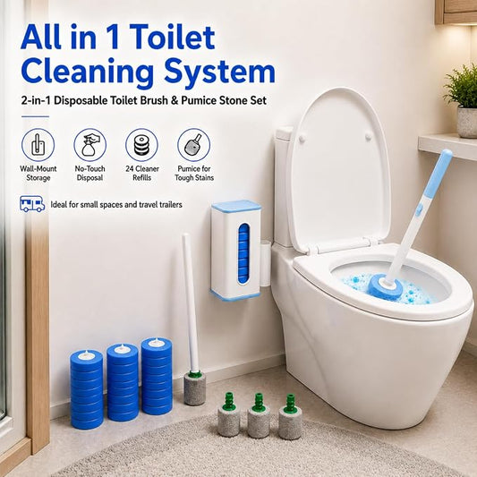 Disposable Toilet Brush 24 Refills & Pumice Stone Toilet Bowl Cleaner 5Pack | 2-In-1 Bathroom Cleaning Kit With Wall Mount Holder, Removes Hard Water Stains & Rust for Toilet, Bathtub, Sink, Grill, Pool