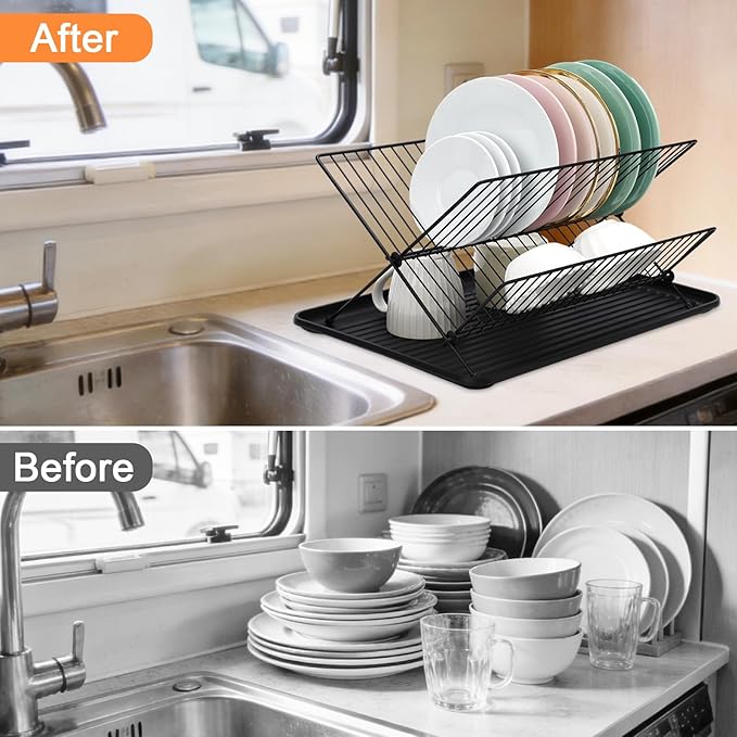 RV Foldable Dish Drying Rack, 2-Tier with Drip Tray, Stainless Steel Collapsible Rack for Sink & Kitchen Countertop, Space-Saving Dish Drainer Organizer for Dishes, Bowls, Plates, Cups