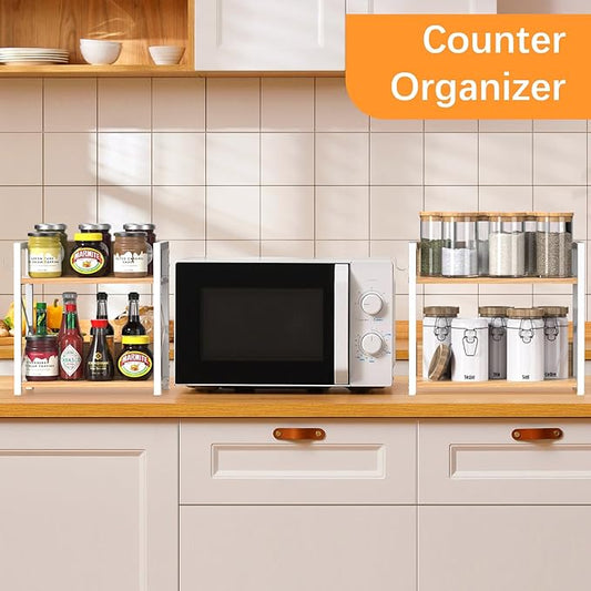 RUILALIFE Spice-Rack-Organizer-Shelf for Kitchen Counter, 2 Tiers Coffee Bar Station Organizer for Countertop,Space Saving Desk Shelving Riser Unit (Maple, Medium)