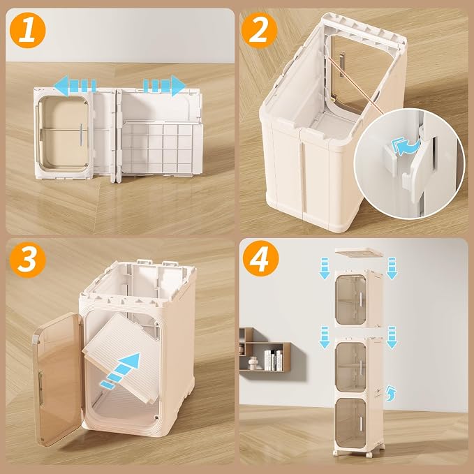 5 Tier Slim Bathroom Storage Cabinet, Foldable and Movable, Beige | Tools Free, ABS and PET, Magnetic Clear Door, Adjustable Shelves, Lockable Wheels, Water Resistant, For Narrow Space