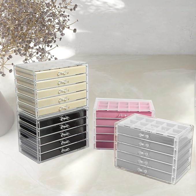 GUOER Earring Organizer, Acrylic Jewelry Box with 5 Drawers for Women, Pink | Clear Earring Holder Organizer Box, Stud Earring Ring Display Storage Case Large, Adjustable Velvet Trays Girls Gifts
