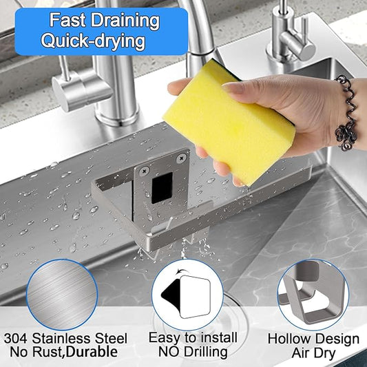 GAViA Kitchen Sink Sponge Holder - Sponge and Dish Cloth Hanger, Adhesive Rustproof Kitchen Sink Rack, 304 Stainless Steel, No Drilling