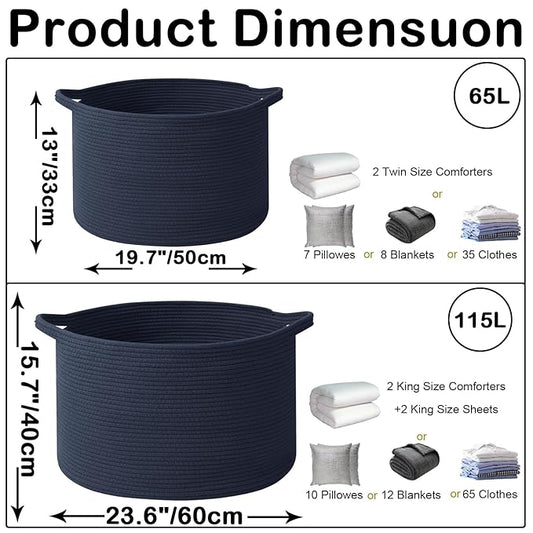65L Extra Large Woven Cotton Rope Blanket Basket with Handles, Laundry Hamper Storage Bin for Pillows, Comforters,Clothes, Toys, Nursery, Bedroom and Living Room Organization,Dark Blue
