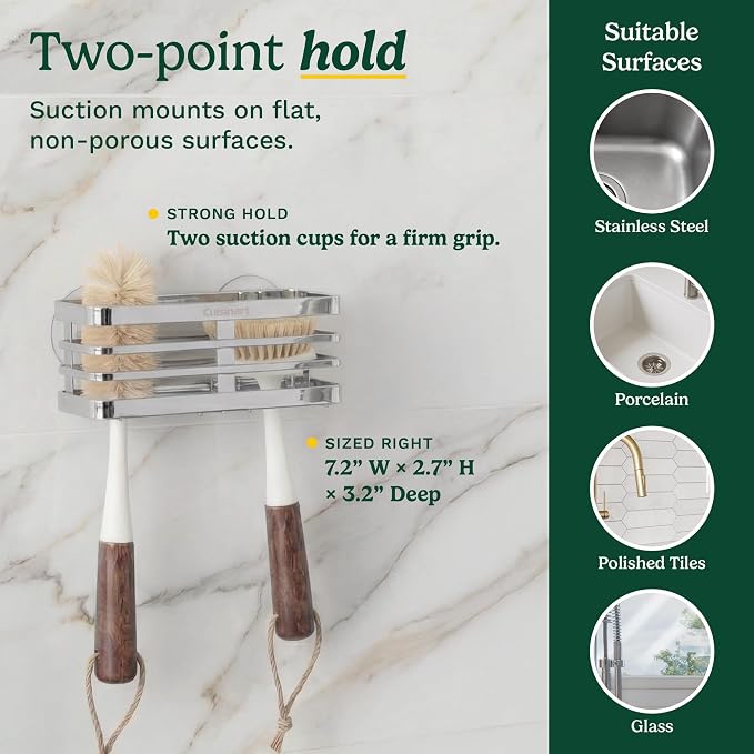 Cuisinart 2 Piece Sink Set – Sink Drain Strainer with Stainless Steel Rim & Silicone Mesh Base & Sponge Holder for Kitchen Sink, Metal Caddy with Triple Suction Cups, Daily Kitchen Essentials
