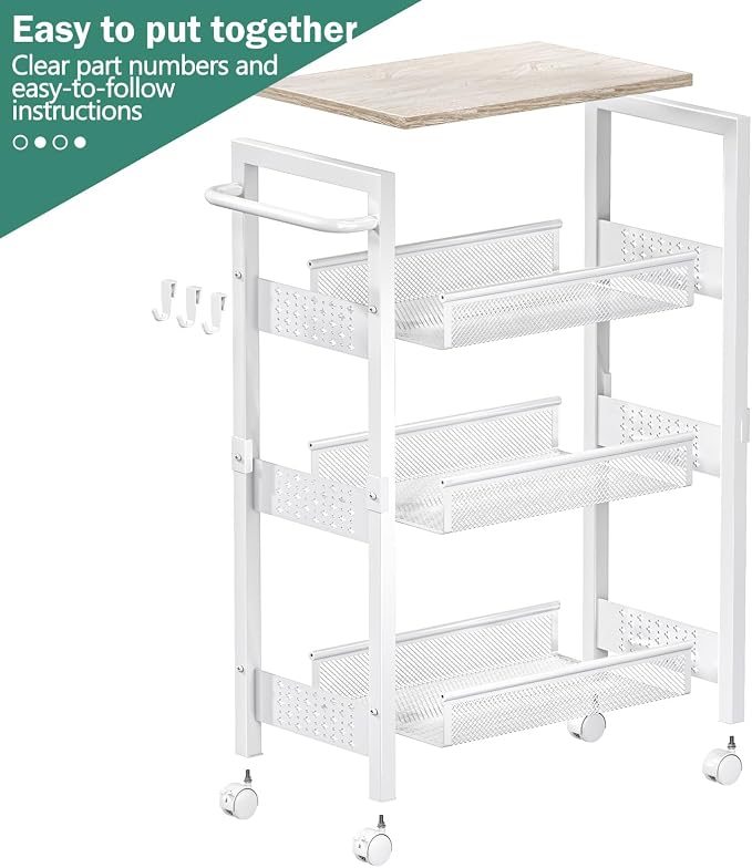 Vivihomety 4-Tier Laundry Utility Rolling Cart with Wheels, Kitchen & Bath | Narrow 8.1" wide, lockable wheels, wood top panel, metal frame, for laundry room, small spaces, pantry, tight gaps, White