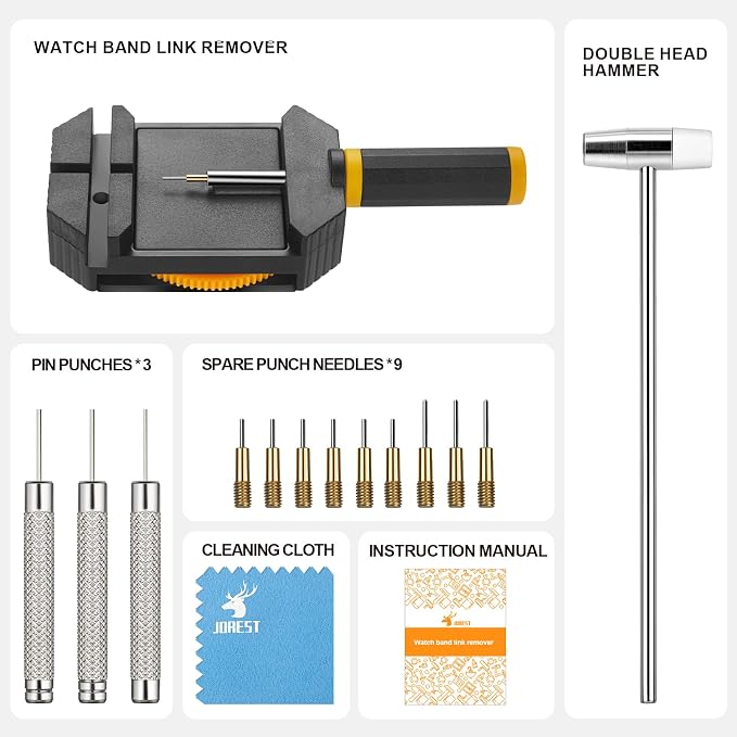 JOREST Watch Link Removal Kit, Resizing Tool for Bracelet Adjustment & Replacement, Pin Remover for Sizing Strap, Watch Adjuster, Hammer for Watch Repair, Adjust Band, with User Manual, Punches