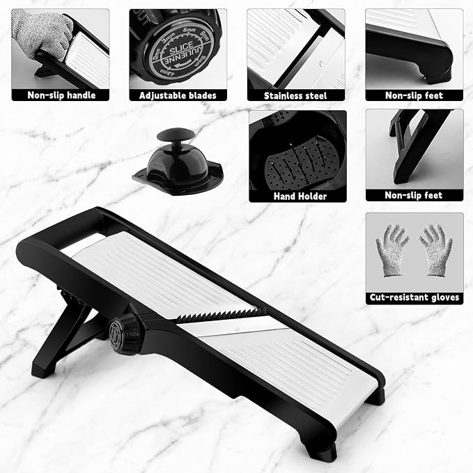 WELTONHM Mandoline Slicer, Adjustable Mandoline Slicer for Kitchen, Stainless Steel Mandolin Vegetable Chopper for Potato, Julienne Cutter with Cut-Resistant Gloves, Black