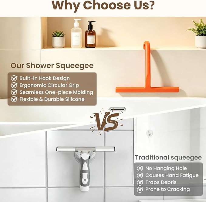 Shower Squeegee for Glass Doors - 10 Inch Bathroom Squeegee with Ergonomic Round Grip, Built-in Hook, Streak-Free No-Squeak Silicone Blade for Shower Glass, Tile Walls, Mirrors & Windows, Orange