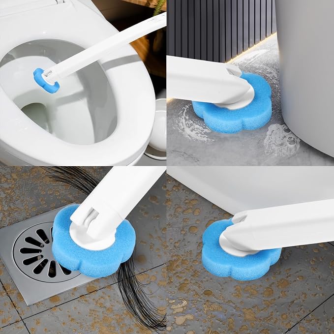 Disposable Toilet Bowl Cleaner Wand System, Wall Mounted Toilet Brush with 360° Sponge Refill Heads, Hygienic Deep Cleaning Bathroom Scrubber, Space Saving Adhesive Caddy