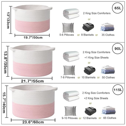 90L Extra Large Pink Woven Cotton Rope Basket with Handles, Kids Nursery Laundry Hamper for Toys, Blankets, Pillows & Comforters, Cute Storage Bin for Bedroom & Playroom