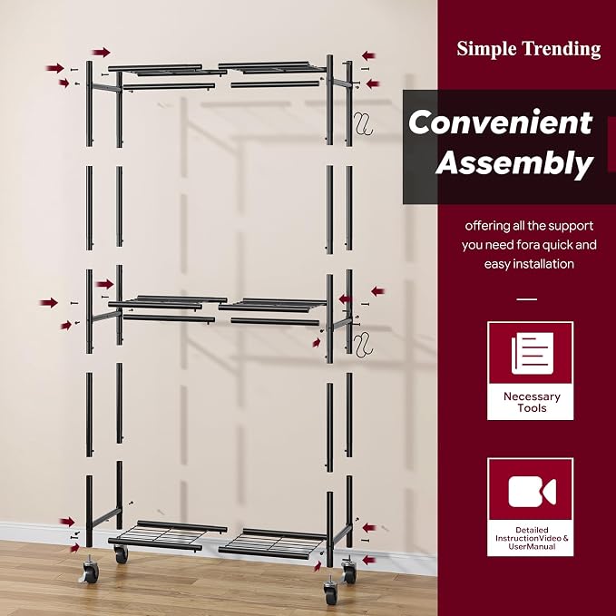 Simple Trending Clothes Rack, Portable Closet with Mesh Shelves, Black | Wardrobe Closet with Hooks, Multi-Functional, Sturdy Metal Garment Rack for Bedroom, Laundry