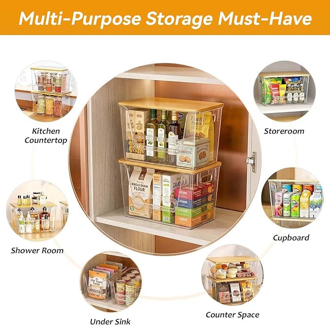4 Pack Pantry Organizers and Storage with Bamboo Lids | Stackable Clear Plastic with Lid/Handle Trash Bag Holder for Vegetable,Fruit,Under Kitchen Sink Countertop Organizer
