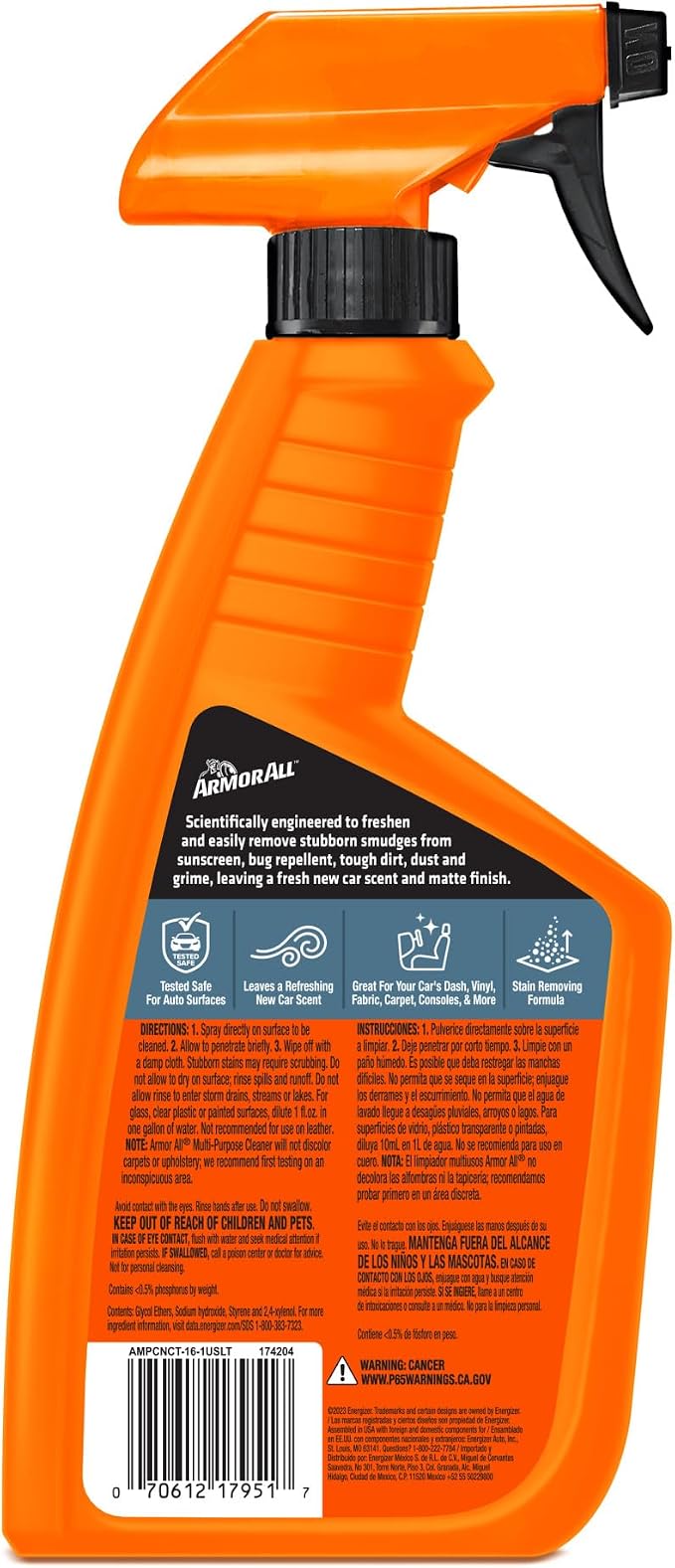 Armor All Multi-Purpose Car Cleaner Spray, New Car Scent, 16 Fl Oz | Interior car cleaner for dashboards, vinyl, clear plastics, carpet and fabric, stain-removing formula car spray