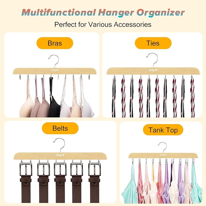 Gomyrod Tank Top Hanger, 2 Pack w/40 Hooks Bra Hanger for Closet Organizer | Premium Wood Space Saving Hanger, 360°Rotating Closet Organizers and Storage, Multi Hook Hanger for Dorm & Apartment