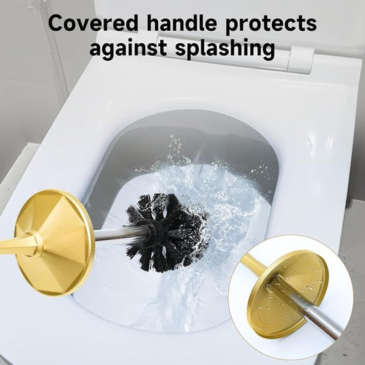 Brass Toilet Brush and Holder,Extra Long Handled Gold Toilet Brush for Bathroom,Stainless Steel Heavy Duty Toilet Bowl Brush,Deep Cleaning Modern Toilet Cleaner Brush -Space Saving, Covered Brush
