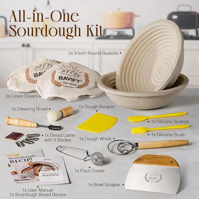 BAVIFY Sourdough Starter Kit, Banneton Bread Proofing Baskets Set, Sourdough Bread Baking Supplies Making Tools with Dough Scraper, Whisk, Bread Lame, Recipe, Wood Pulp Banneton - 2 Round Gift Set