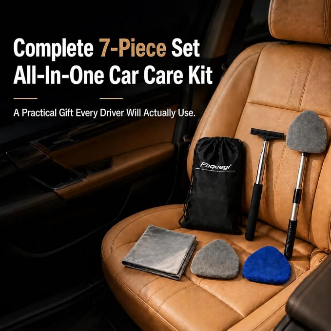 7-in-1 Windshield Squeegee Kit 180° Rotatable Cleaner | Lint Streak Free Pads, Extendable Scratch-Free Build, Car Home Dual Use, Blind Spot Clear, Storage Bag, Car Owner Gift