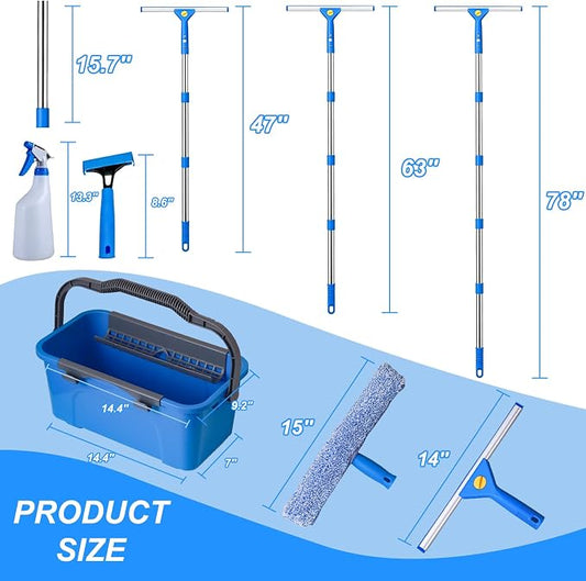 Professional Window Cleaning Kit with 76" Telescopic Pole, Bucket 3 Gallon,2PCS 15" Scrubbers, 2PCS 14" Squeegee, Scraper, Cloth & Sprayer, Window Cleaner Tool for Commercial, Home, Outdoor, Car