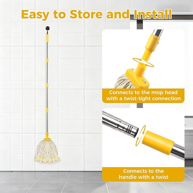 Indoor Mop with Strings for Floor Cleaning, Cotton Mops with 59” Long Handle Household String Mop for Hardwood Wood Tile Floors Cleaning,1 Mop Handle & 1 Cotton Mop Head
