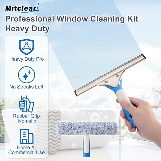 Mitclear Professional Window Cleaning Kit 10IN, Windows Cleaner Tool with Silicone Squeegee, Microfiber Scrubber & Cloth, Window Washing Equipment or Home Shower Glass Doors Car Windshield