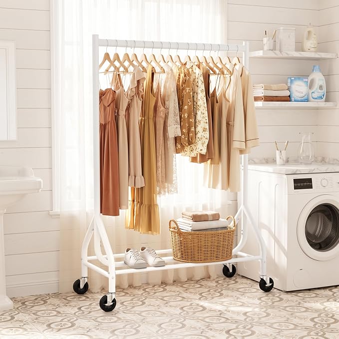 EAGMAK Heavy Duty Clothes Rack Load 268 LBS, 31.5 inch Hanging Rod, White | Metal Frame, Stable Base, Compact Size, Rolling Smooth, For Bedroom Closet Entryway Laundry Living Room Home Garage Storage