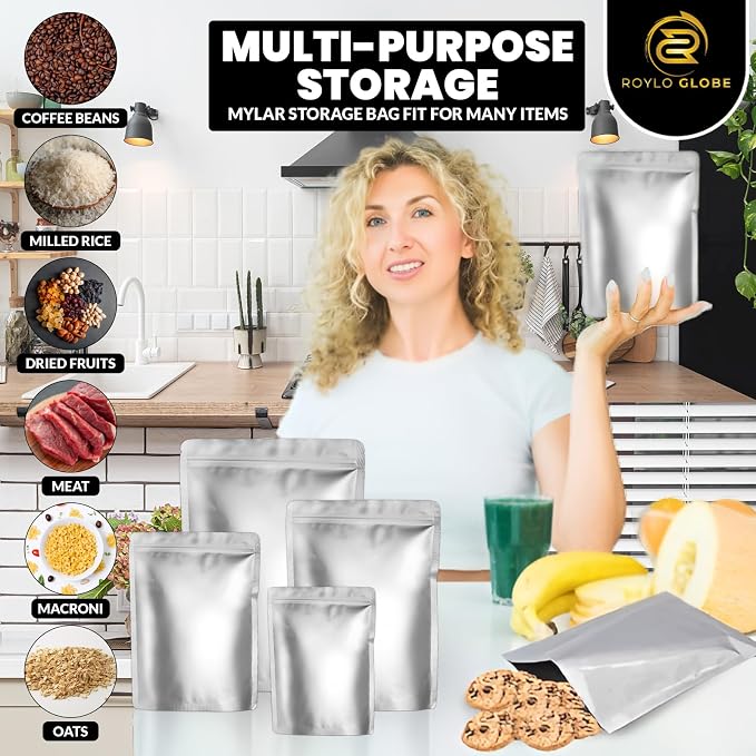 120 Mylar Bags with 150 Oxygen Absorbers-168 Labels & Stand-Up Reusable | 4 Sizes Airtight Smell Proof Resealable with 15 Clips-11 MIL Thick for Food Storage