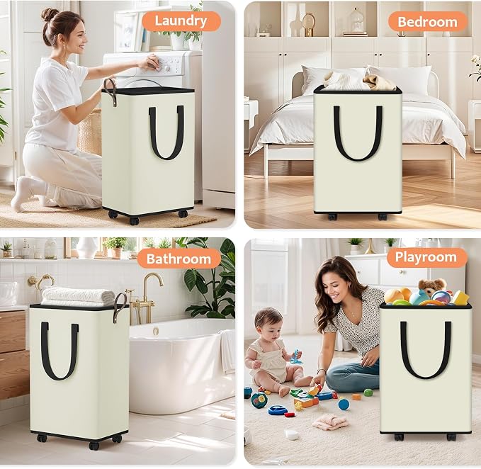 SpaceTrove Rolling Laundry Basket with Wheels, Laundry Hamper, 80L, Cream | Collapsible, 4 detachable wheels including 2 with brakes, sturdy handle, metal frame, for dorms, bathrooms and bedrooms