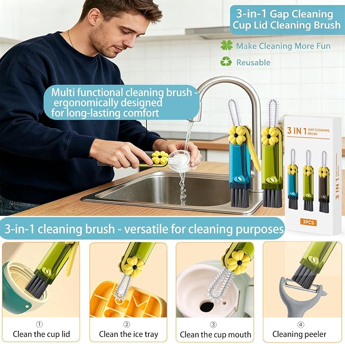 3-in-1 Cup Lid Cleaning Brush, Cup Lid Brush, Multifunctional Water Bottle Cleaning Brush, Home Kitchen Crevice Brush Tools for Tiny Cup Lid Detail, Bottle Tight Spaces Cup(3 PCS)