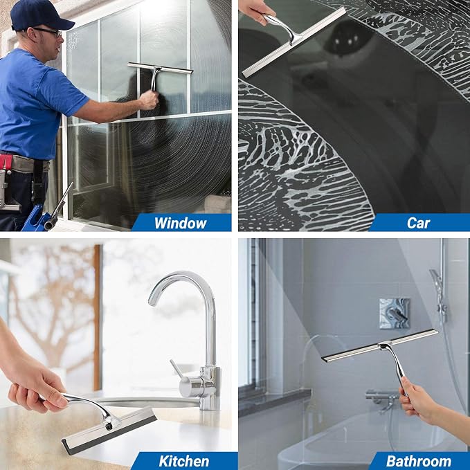 ecooe Silicone Shower Squeegee with Hanger, 9″/25cm Shower Squeegee for Glass Doors, Black Window Squeegee Scraper with Stainless Steel Core for Home Bathroom Kitchen Car Glass Doors