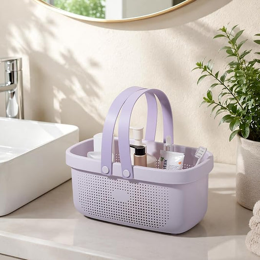JiatuA Plastic Storage Basket with Handle Portable Shower Caddy Tote Organizer Basket Bin for Bathroom Kitchen Dorm Room Bedroom, Purple