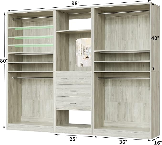 Unikito 98β Closet System with Mirror & 4 Drawers, 8.2FT Heavy Duty Wood Closet Organizer with 4 Hanging Rods, Large Walk-in Wardrobe Garment Rack with Adjustable Shelves, White Oak