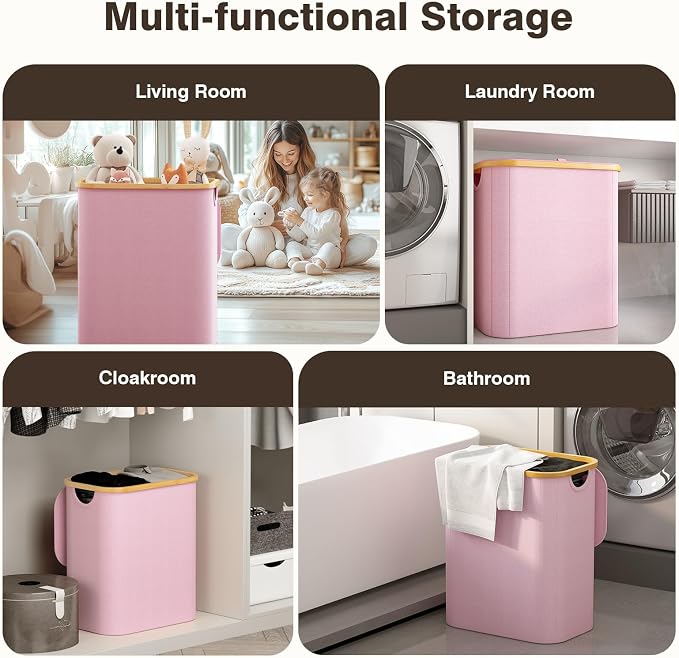 Hampers for Laundry Basket with Lid, 145L Large Laundry Hamper 3 Section | Dirty Clothes Hamper Separator with 3 Removable Bags & 5 Labels, Divided Laundry Organizer for Bedroom, Laundry Room, Pink